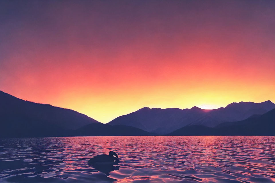 Tranquil sunset lake scene with pink and orange skies, silhouetted mountains, and a