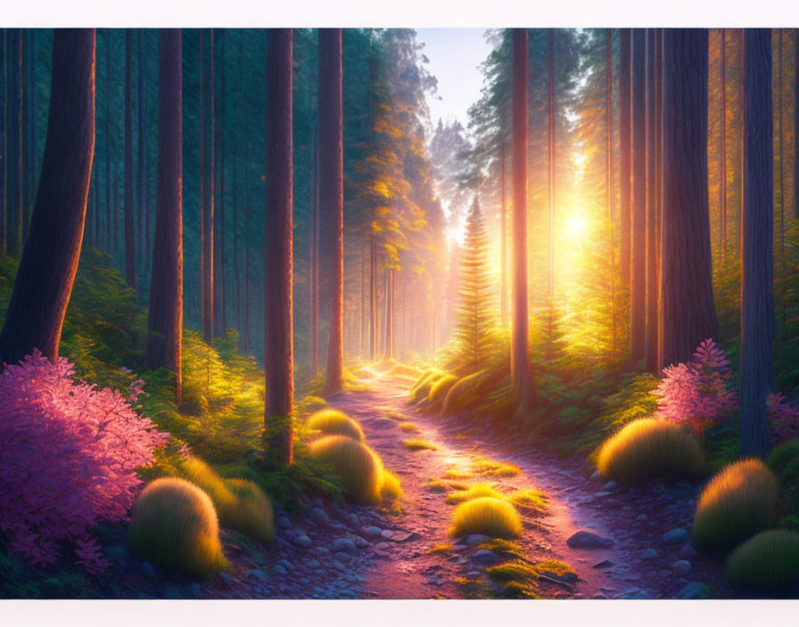 Enchanting forest pathway with purple flora and fuzzy plants under golden sunlight