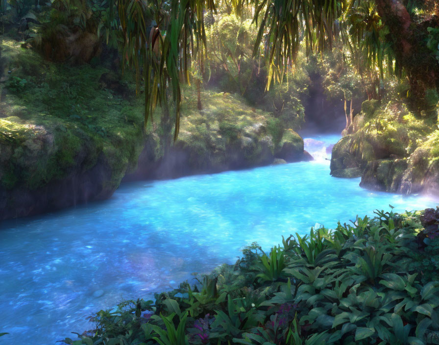 Tranquil turquoise river in lush tropical forest