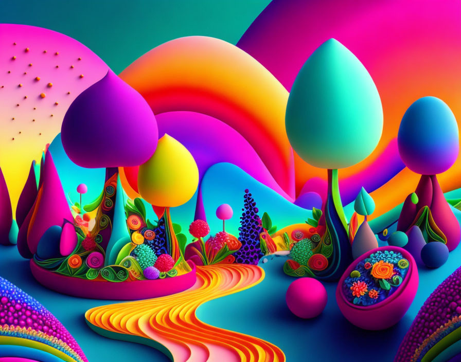 Vibrant abstract landscape with psychedelic shapes and lush textures