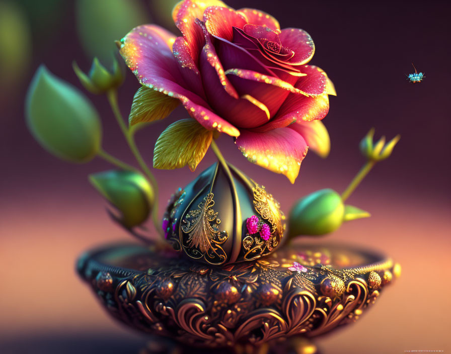 Digital Art: Rose Blooming from Metallic Vase in Warm Glow