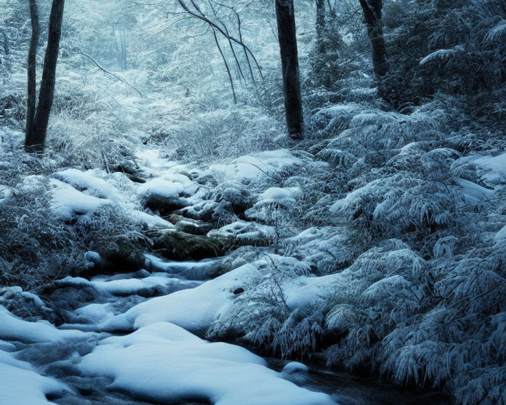 Snow-covered forest and creek in serene winter scene