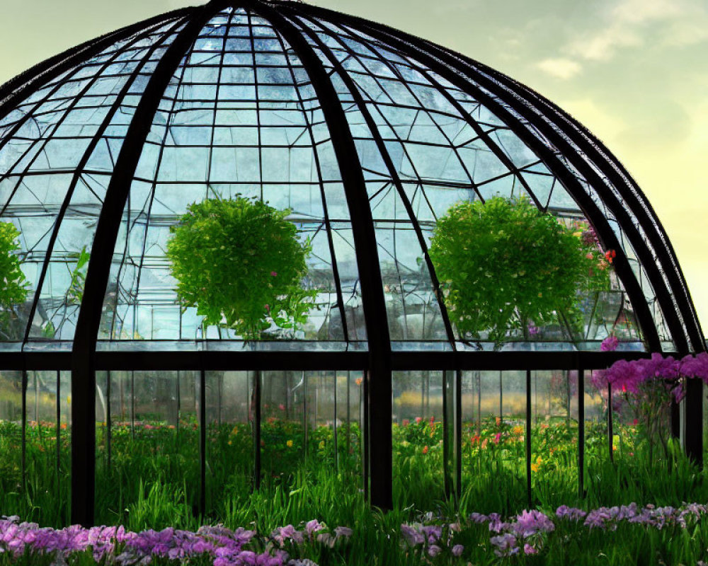 Glass greenhouse with lush greenery and pink flowers under cloudy sky.