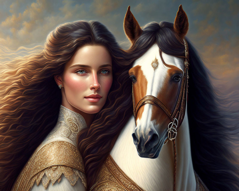 Realistic digital art: Woman with long hair & horse against cloudy sky