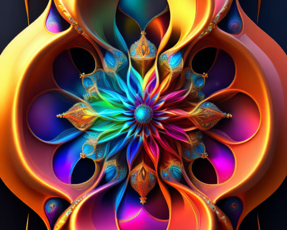 Symmetrical flower-like digital art with blue and green center and colorful ornate petals.