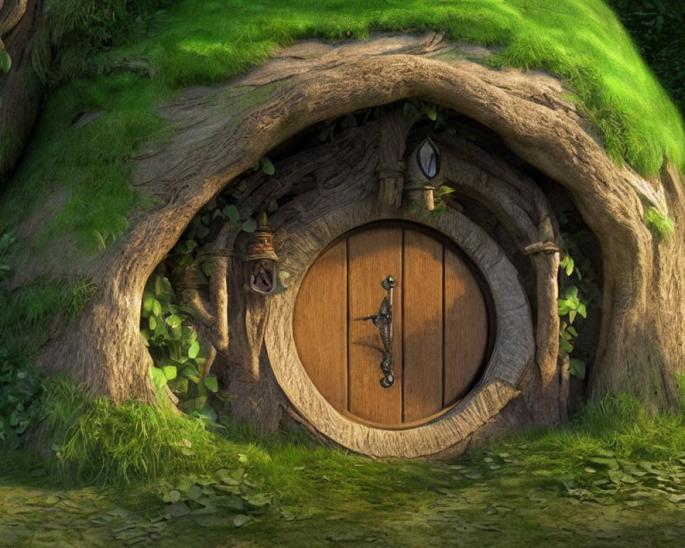 Wooden round door in moss-covered hillside with lantern and vines