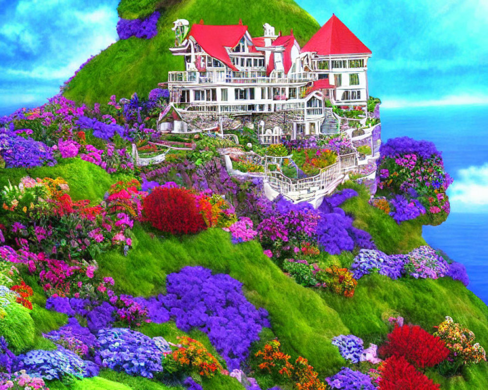 Colorful Artwork of White House on Hill with Vibrant Flowers