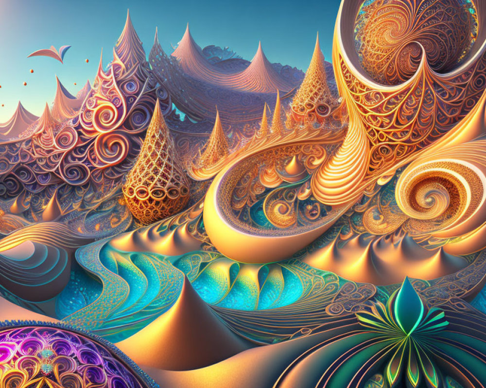 Colorful surreal fractal landscapes with swirling patterns and flowing shapes