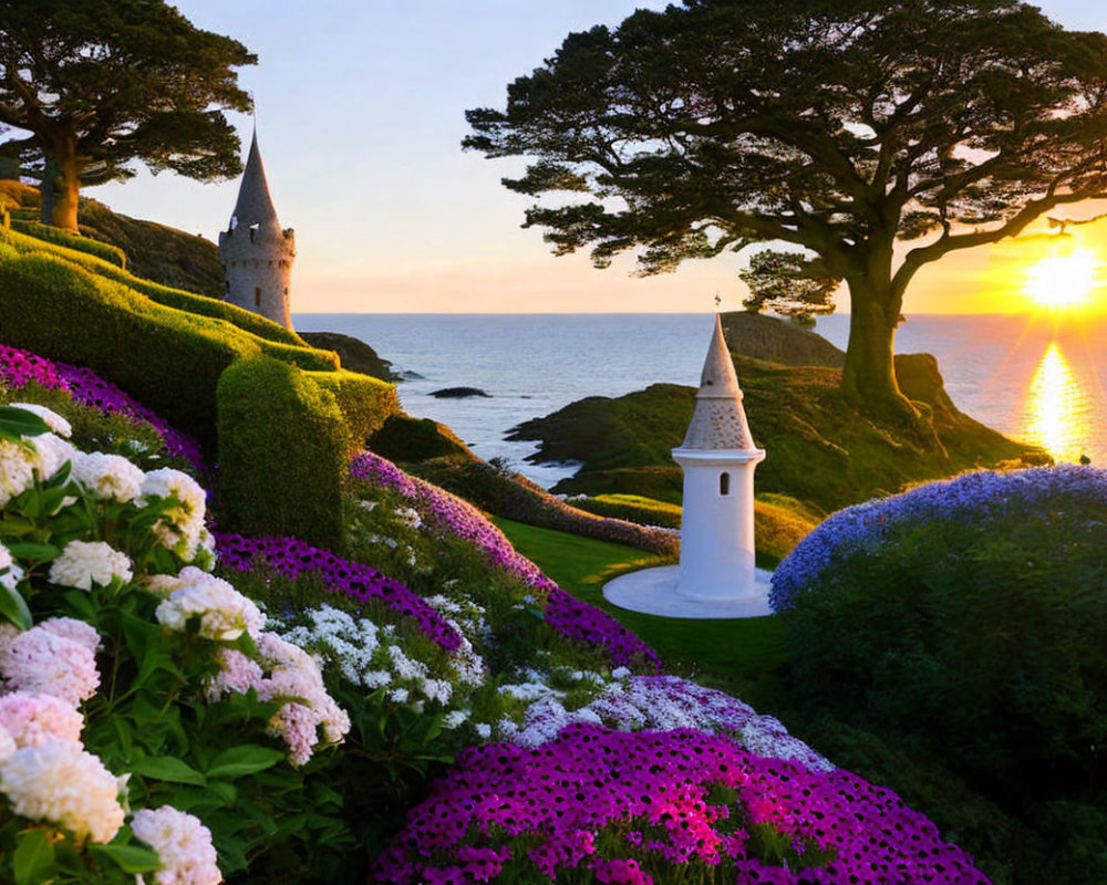 Vibrant flower garden by the sea with castle turret and white lighthouse