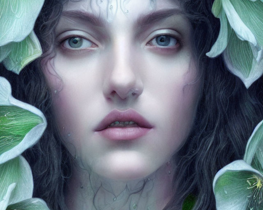 Portrait of pale woman with dark curly hair, ethereal makeup, green eyes, and white flowers.