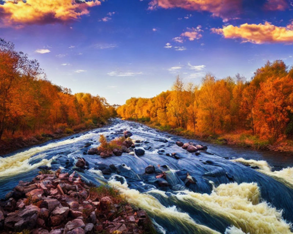 Scenic autumn landscape with river, cascades, golden trees, and blue sky