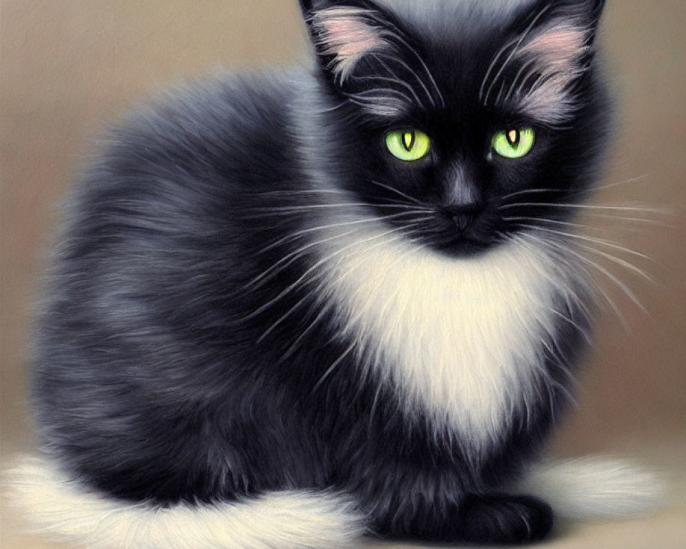 Fluffy Black and White Cat with Striking Green Eyes