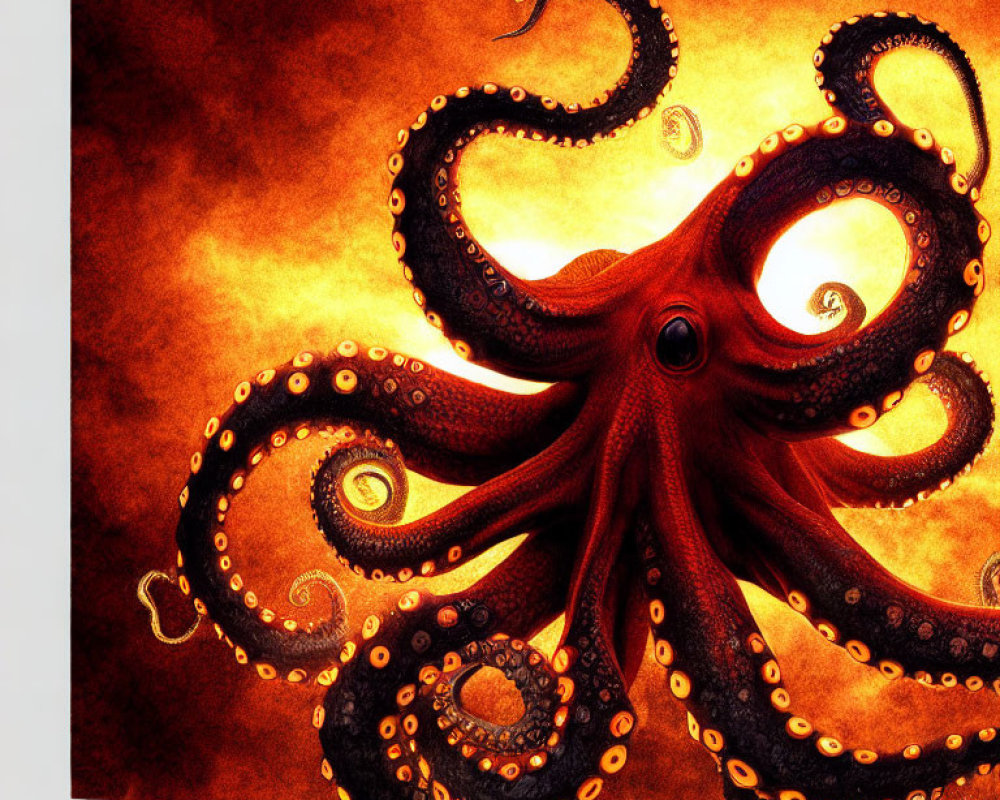 Octopus with swirling tentacles on red and golden background