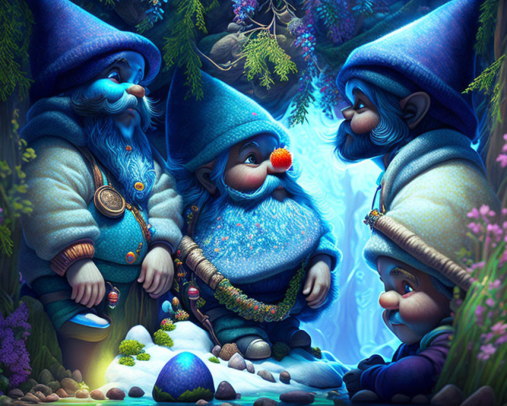 Whimsical gnomes in vibrant enchanted forest with glowing gemstone