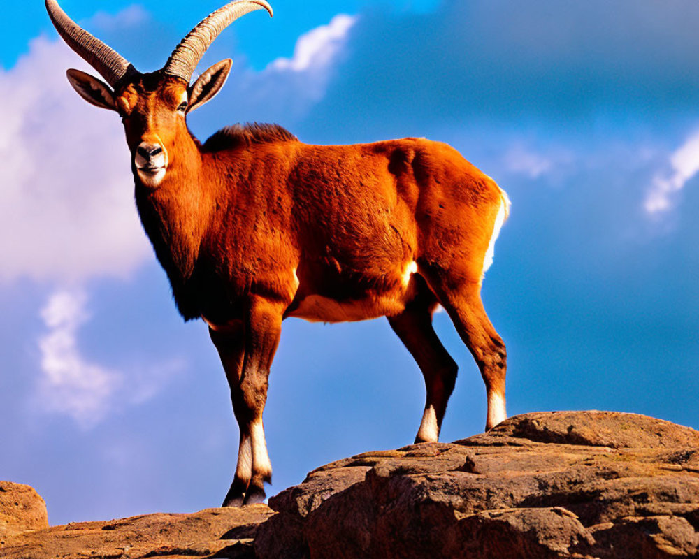 Brown Goat with Long Curved Horns on Rocky Outcrop Against Blue Sky