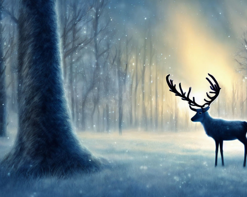 Majestic deer with large antlers in serene snowy forest