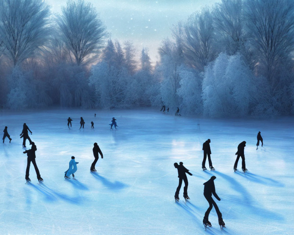 Outdoor ice-skating scene with snow-covered trees at twilight