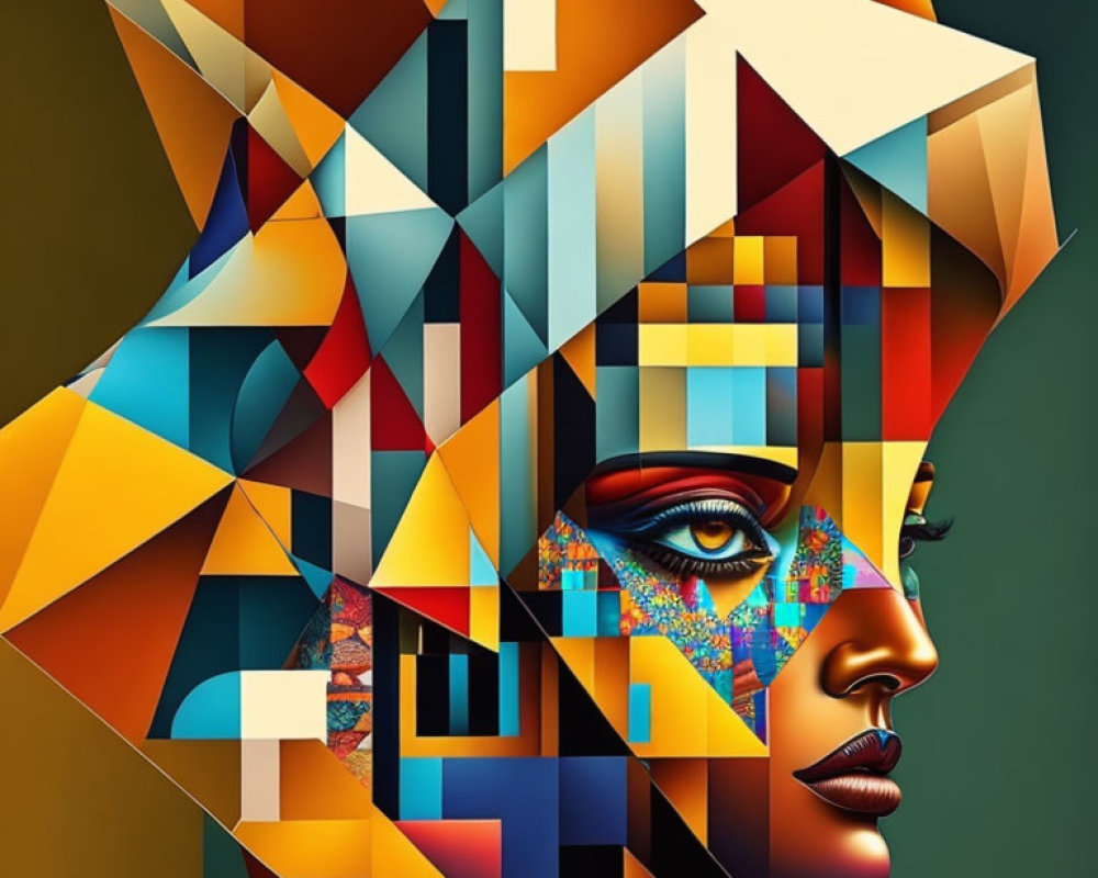 Abstract digital art portrait with geometric shapes and vivid colors.