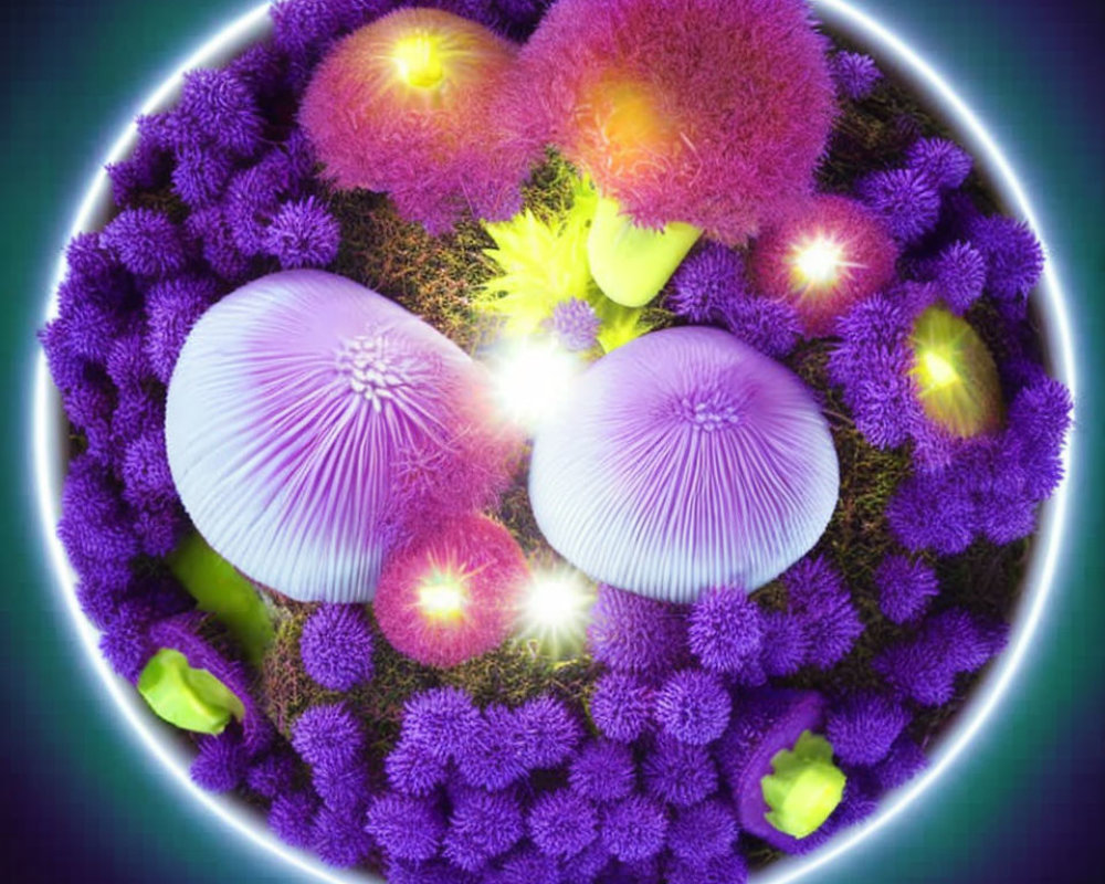 Colorful digital artwork: Purple flora sphere with neon green accents