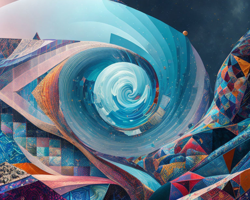 Colorful Digital Art: Swirling Portal in Geometric Landscape & Starry Sky