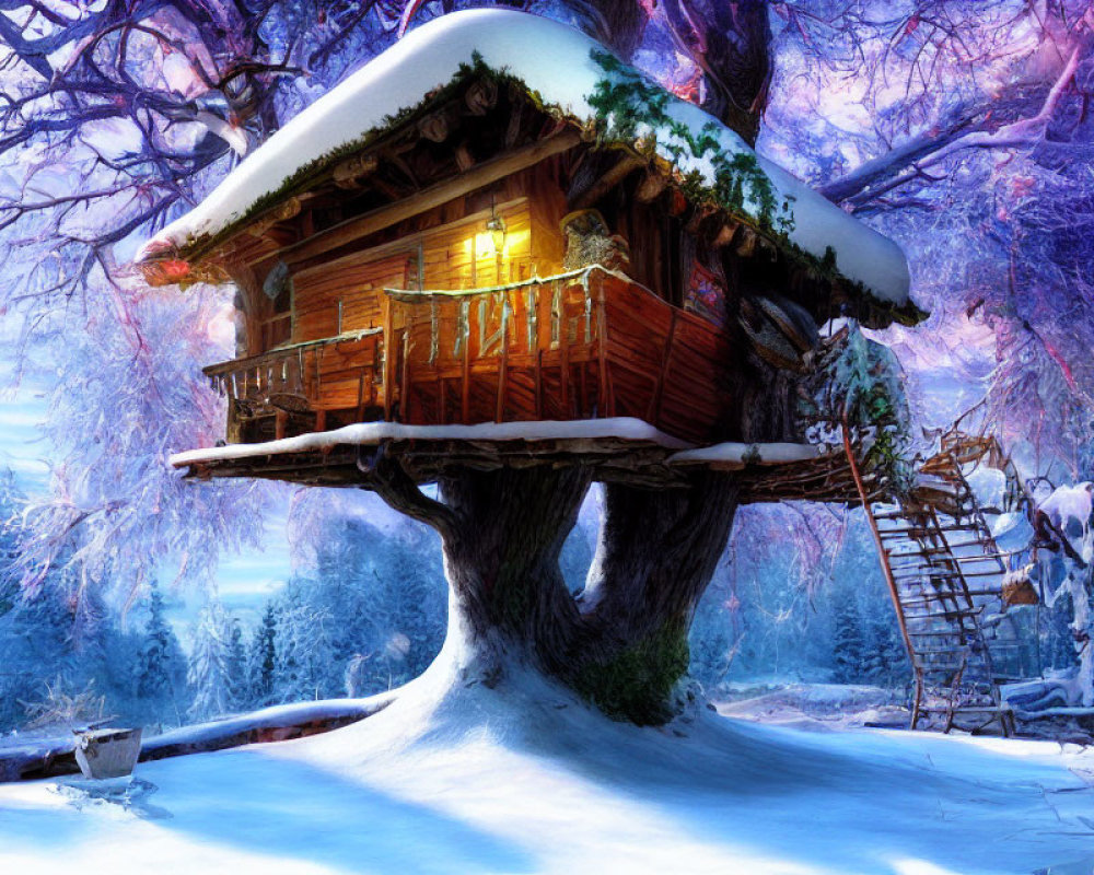 Cozy treehouse in snowy landscape with glowing lights
