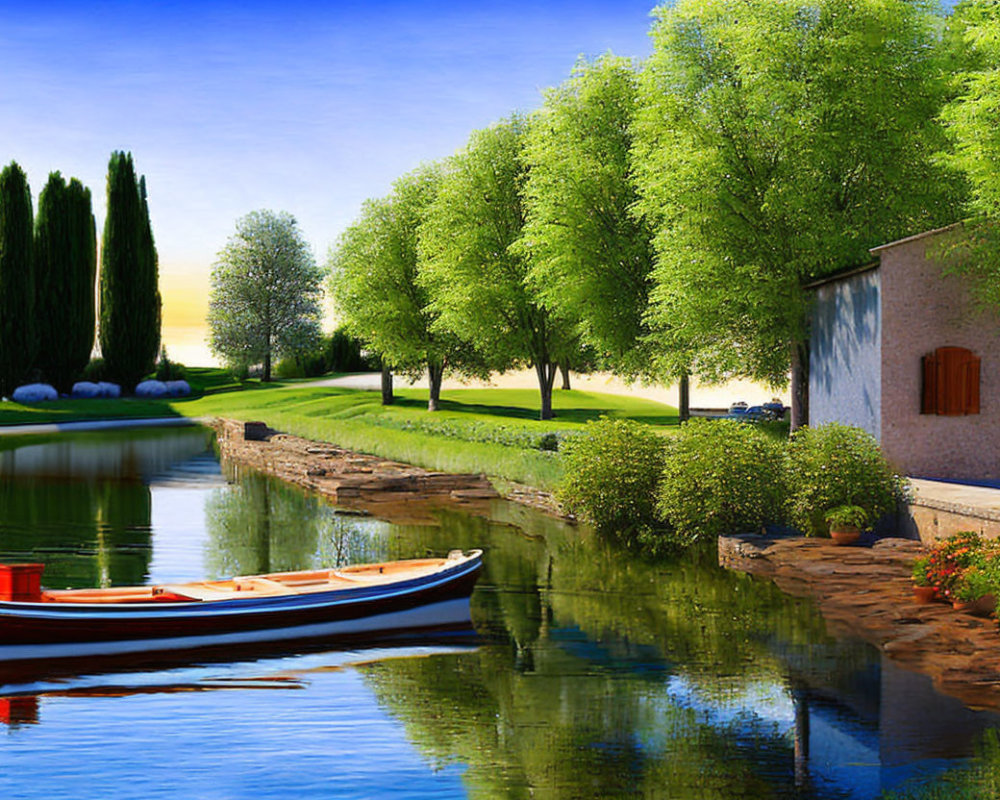 Serene riverside scene with green trees, moored boat, reflection, stone embankment,