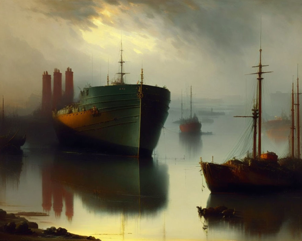 Twilight harbor scene with ships, reflections, and industrial silhouettes