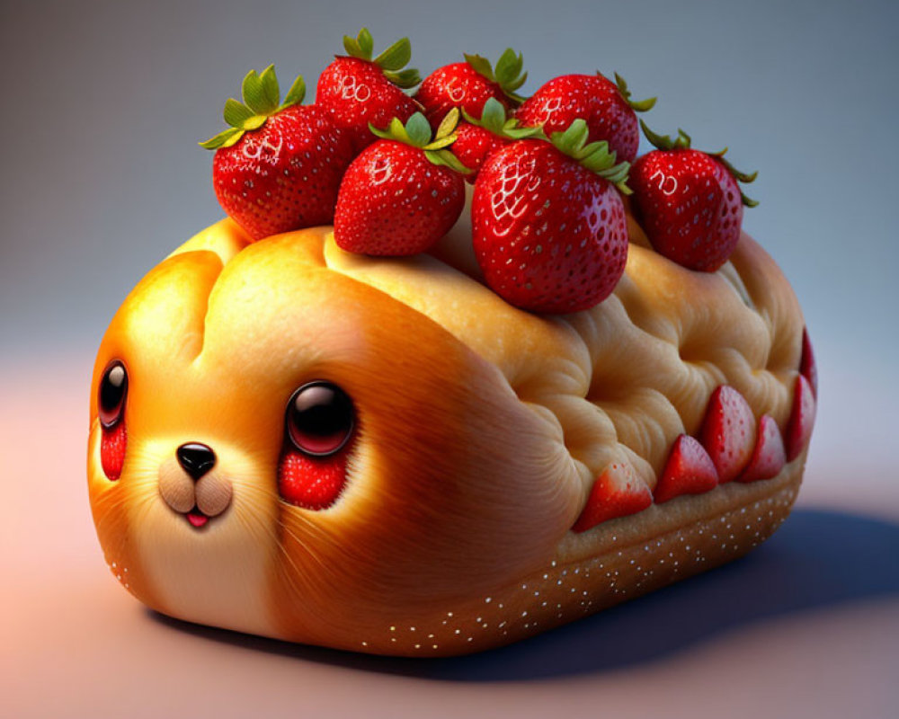 Whimsical digital artwork of cute dog with strawberry-topped bread