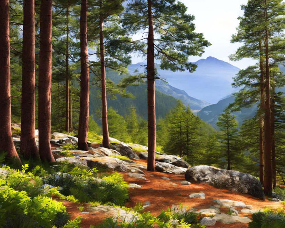 Tranquil forest landscape with tall pine trees and rocky path