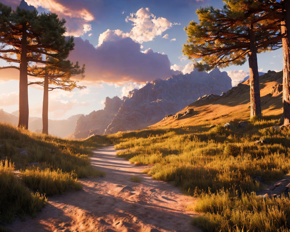 Tranquil landscape: winding path, pine trees, grassy fields, sunset-lit mountains
