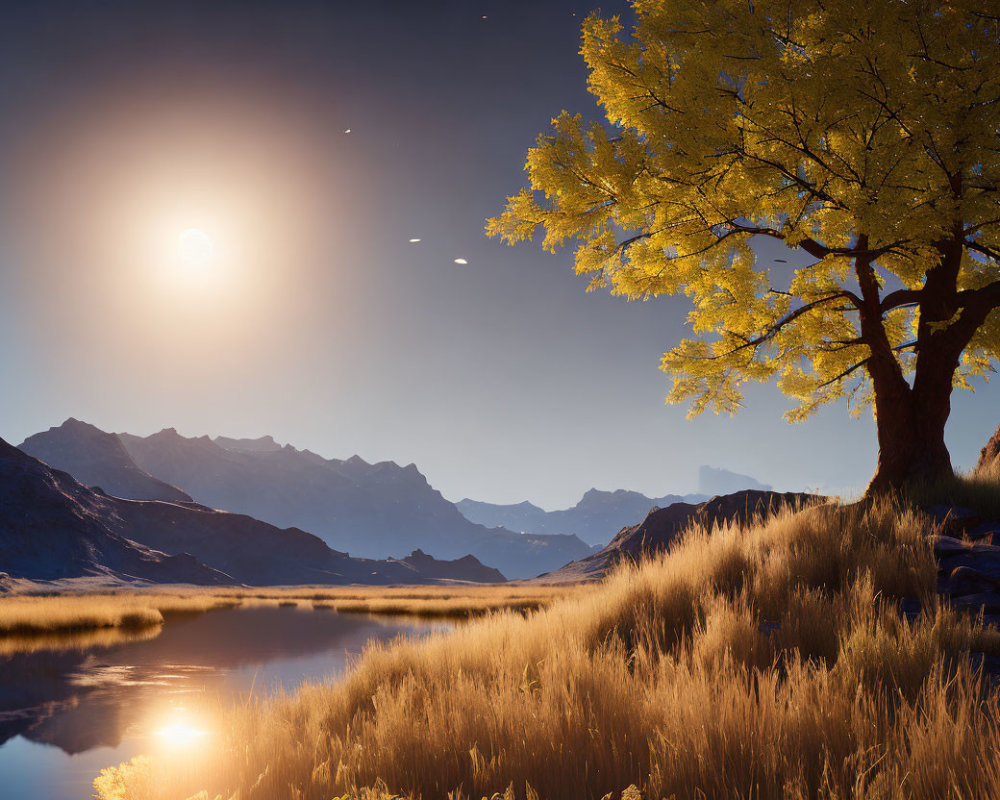 Tranquil landscape with glowing yellow tree by calm lake