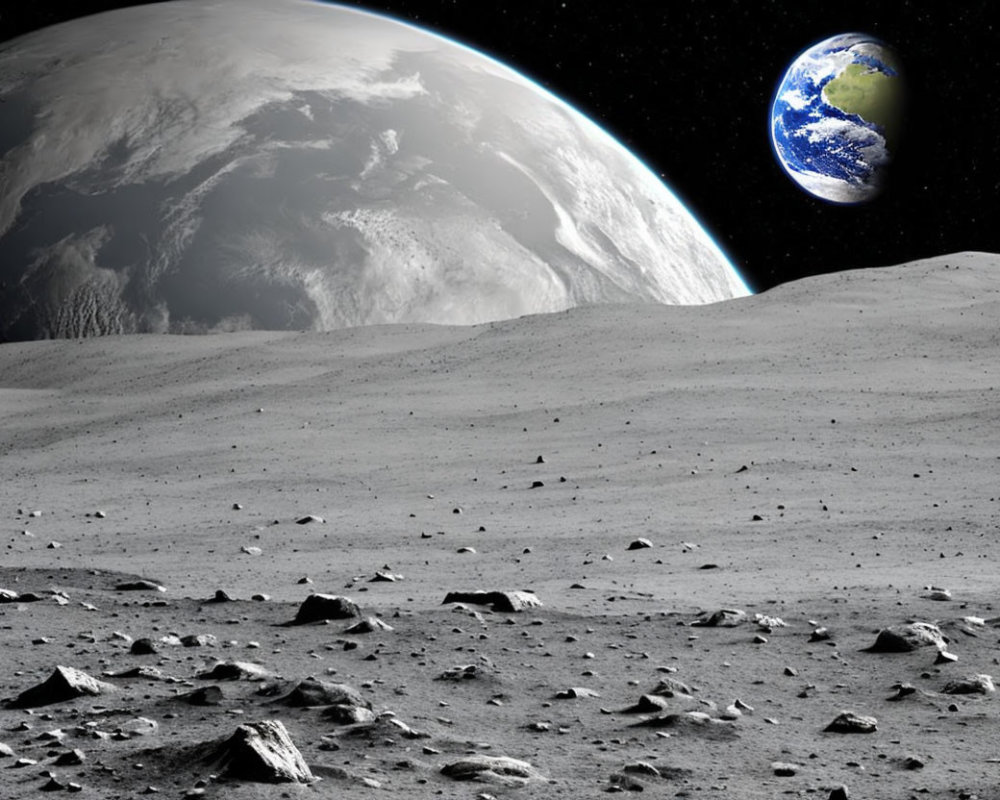 Detailed lunar landscape with rocky foreground and vivid Earth rising over horizon.
