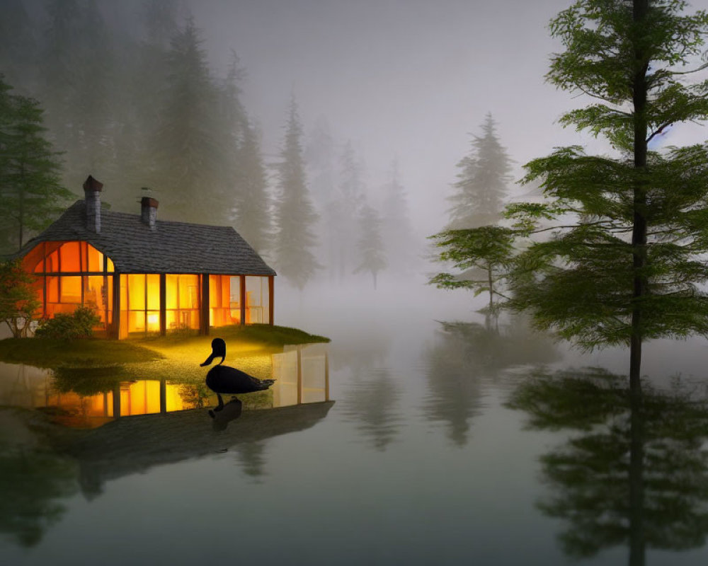 Tranquil lakeside cottage in foggy setting with bird