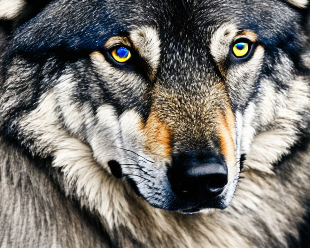 Majestic wolf with blue eyes and multicolored fur coat