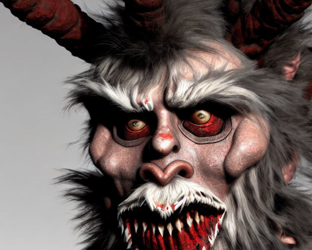 Sinister creature with large horns, sharp teeth, white fur, and red eyes