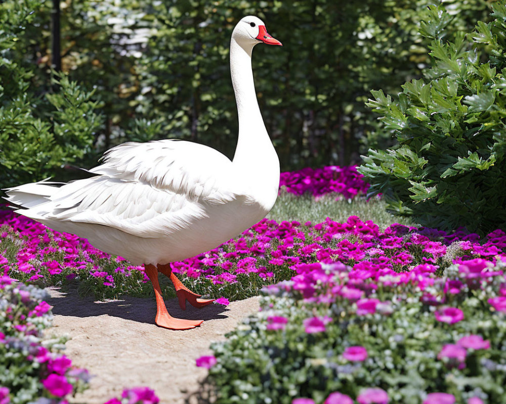 White Swan Surrounded by Purple Flowers and Green Bushes