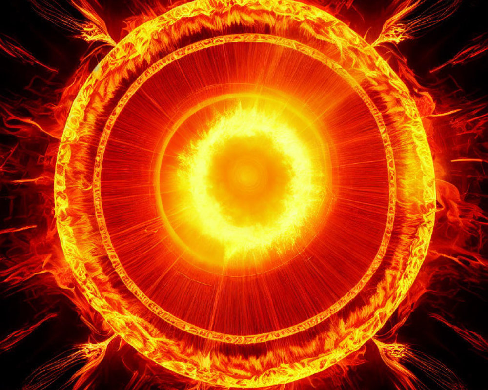 Abstract fiery sun digital artwork with explosive plasma and solar flares