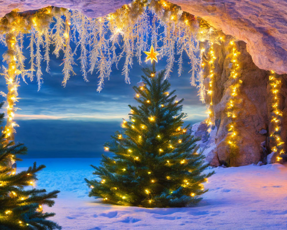 Snowy Cave Arch with Illuminated Christmas Trees & Icicles