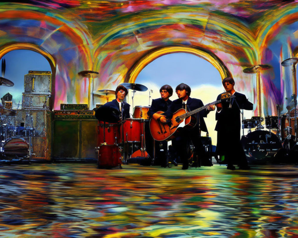 Colorful Band with Guitars and Drums in Abstract Setting