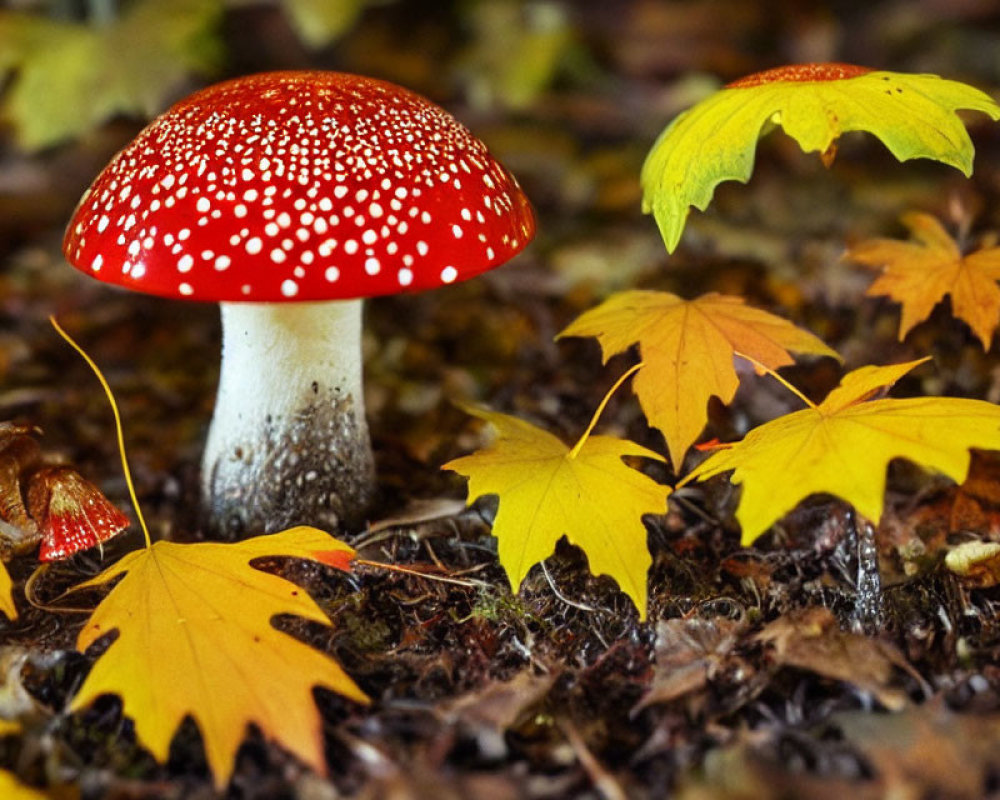 Red Mushroom with White Spots Among Fallen Yellow Leaves in Forest