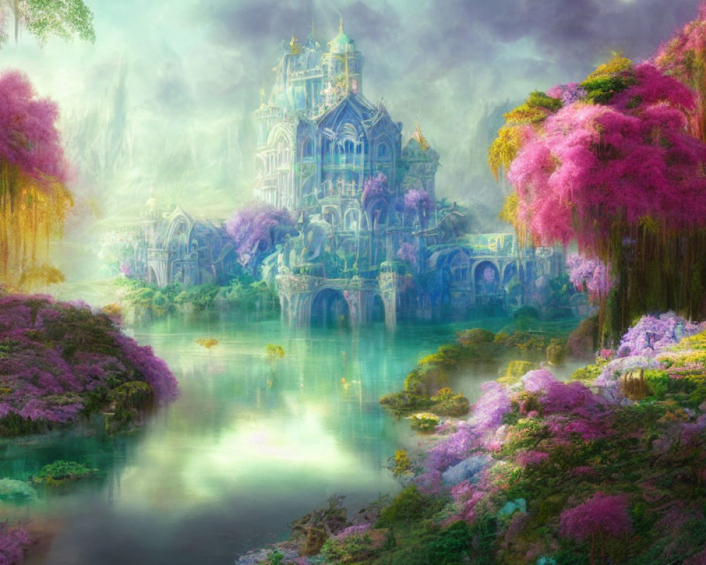 Ethereal castle in lush pink foliage with tranquil water reflections