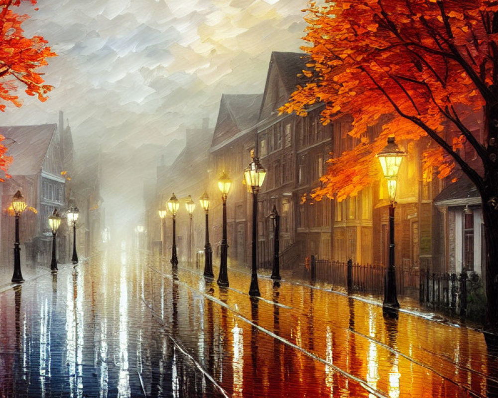 Autumnal street scene with glowing streetlamps and wet cobblestone road.