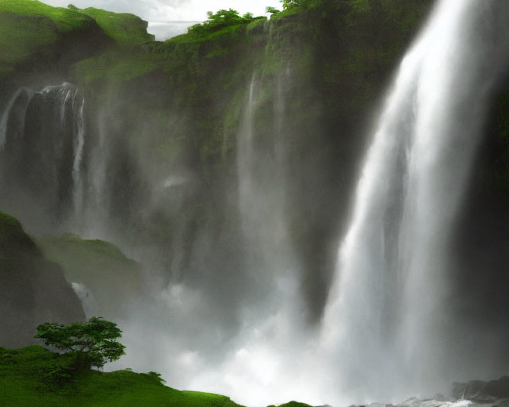 Lush Green Cliff with Majestic Waterfalls