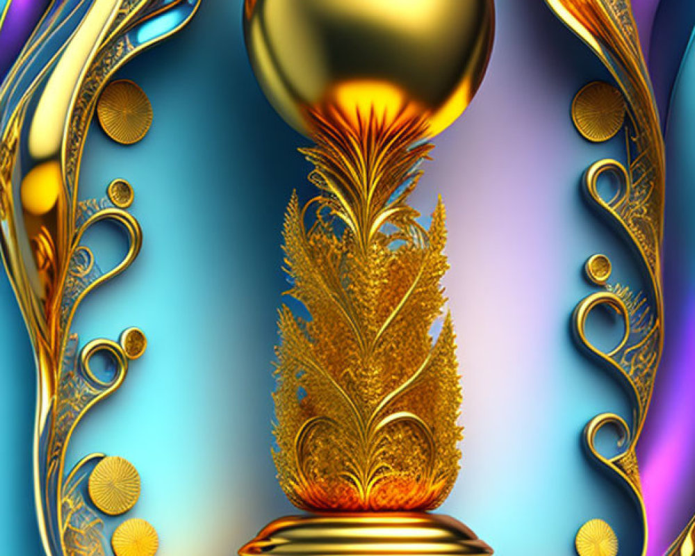 Golden ornate feather on pedestal with abstract gold and blue swirls