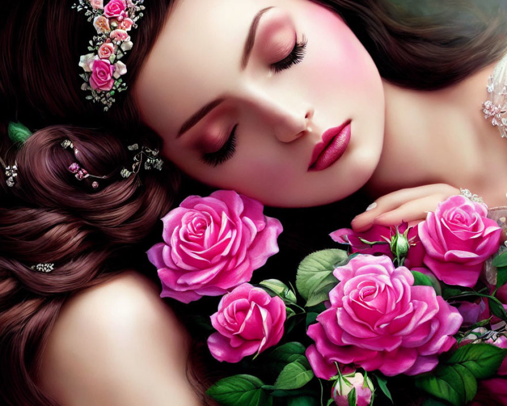 Illustration of woman with closed eyes and flower-adorned hair among pink roses