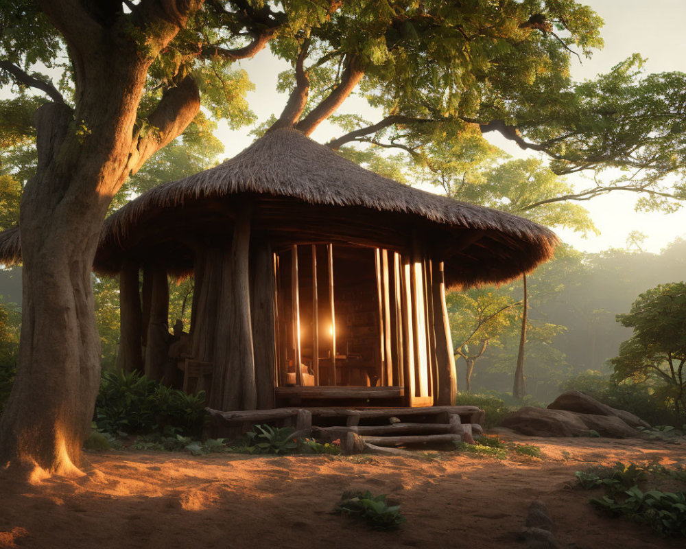 Tranquil Thatched Hut in Forest Setting at Sunrise