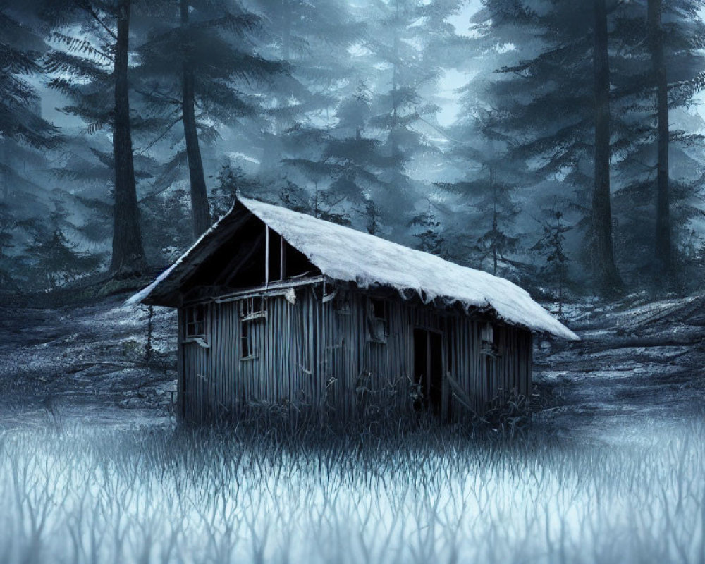 Snow-covered wooden cabin in misty pine forest under overcast sky
