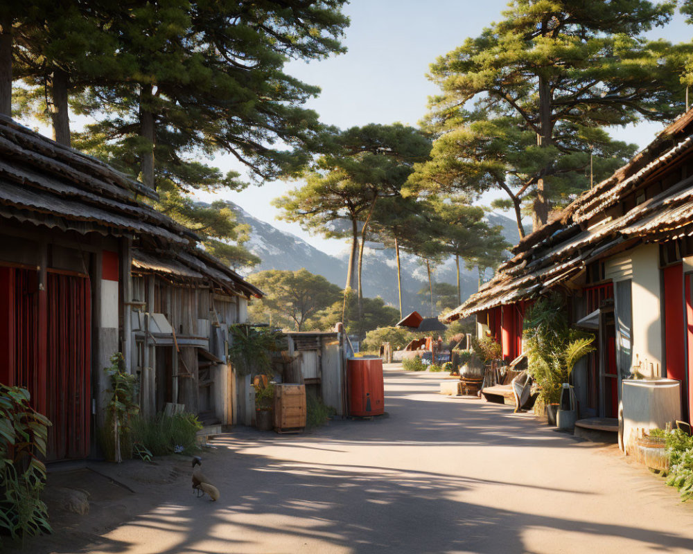 Traditional village street with pine trees and mountain backdrop in warm sunlight