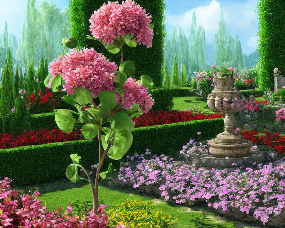 Lush garden with pink hydrangeas, green hedges, flower beds, stone fountain