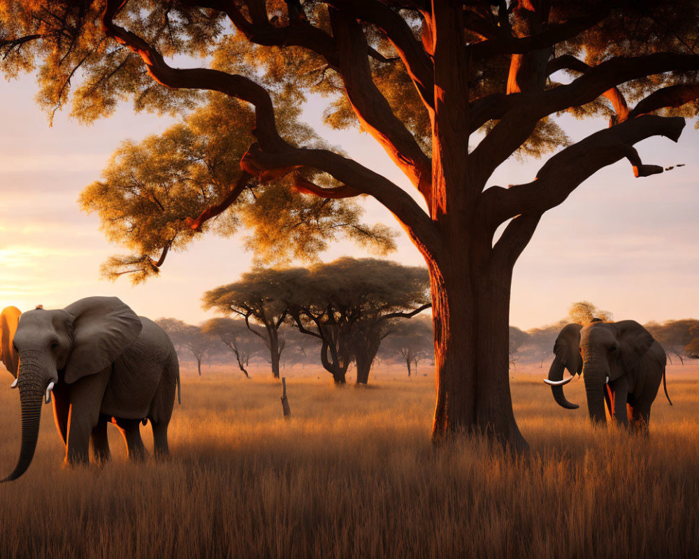 Savanna sunset: Elephants in tall grass with silhouetted acacia trees